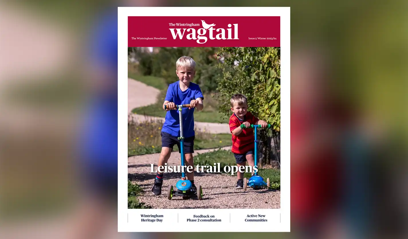 Wagtail newsletter cover Winter 2023-24 showing two little boys on scooters