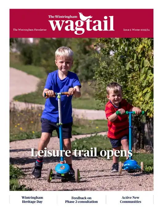 Cover of the Wagtail newsletter Winter 2023/24 showing two boys on scooters