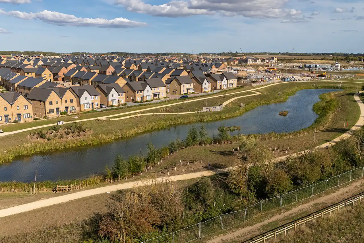 Aerial view of Wintringham Lakes with houses