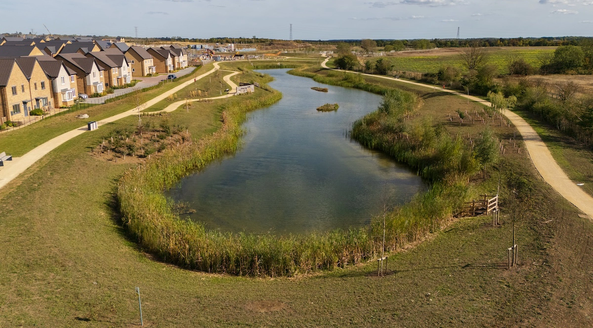 Aerial view of Wintringham Lakes with houses